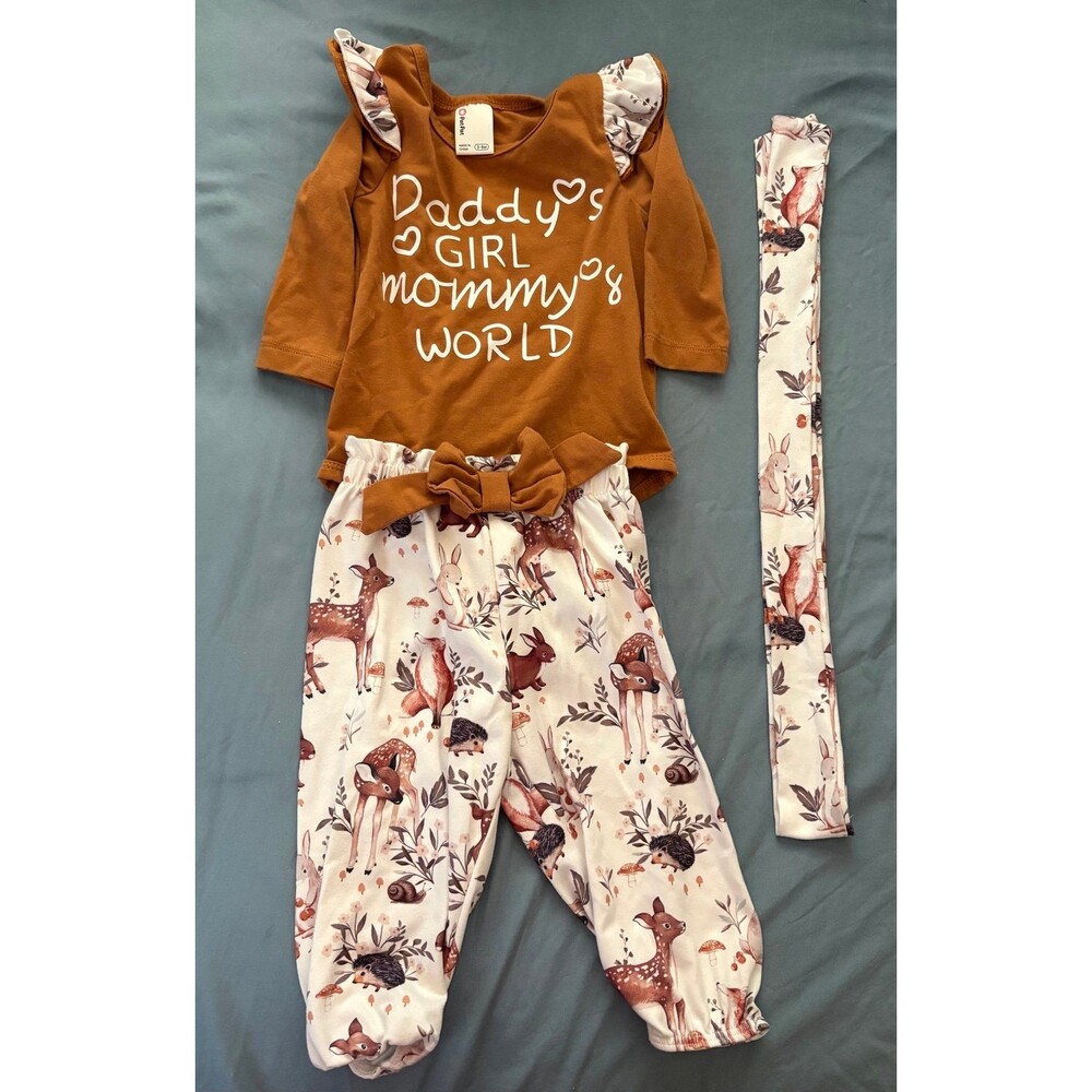 Baby Girl Nature Theme White Brown Outfit Set Fall Winter Size 3-6months